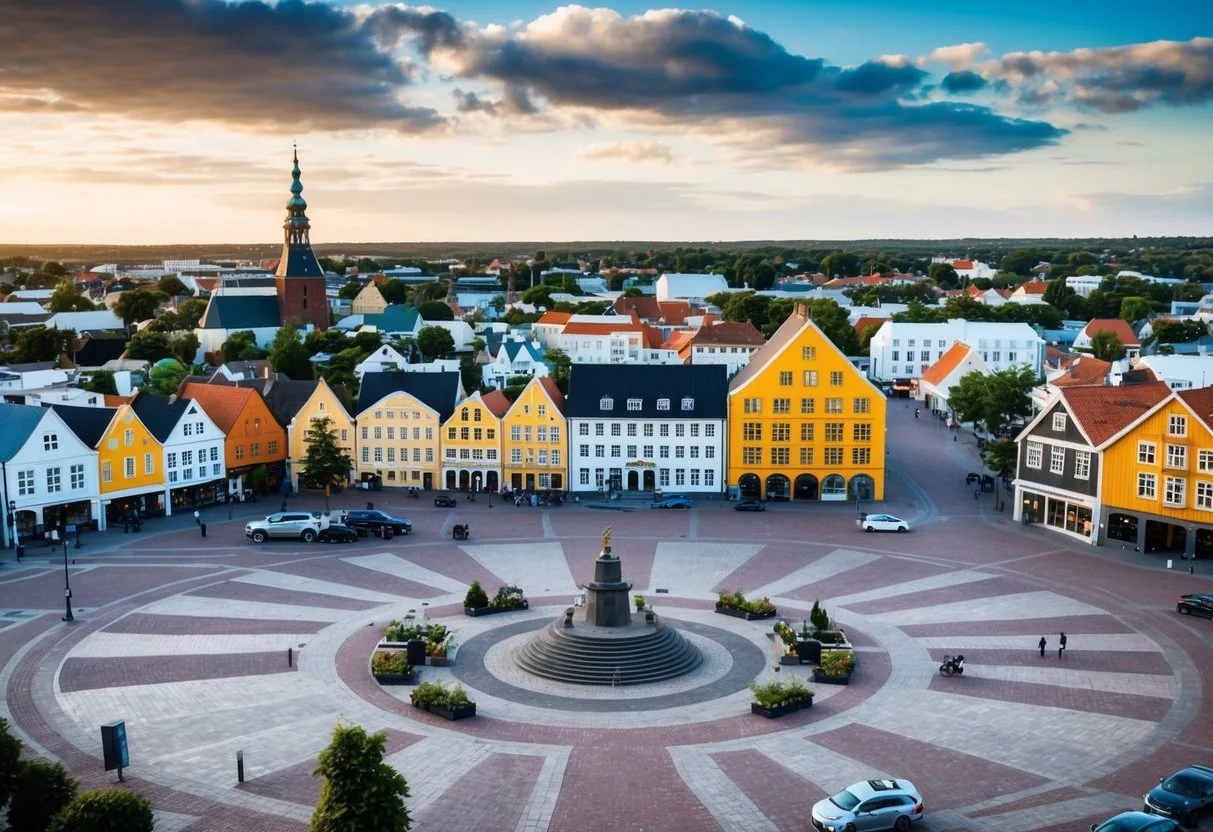 A livlig torveplads i Faaborg med et varieret udvalg af huse i baggrunden hver med en unik stil og tagdesign